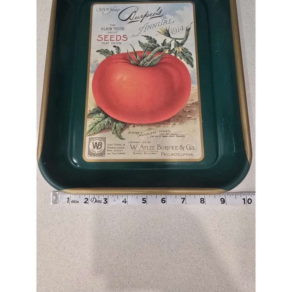 Vintage Burpees Seeds Metal Serving Tray Matchless Tomato 1914 Catalog Art Tin